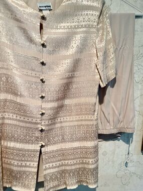 Perceptions by Irene B Ivory Jacquard Patterned Cream Short Sleeve Top and Pants